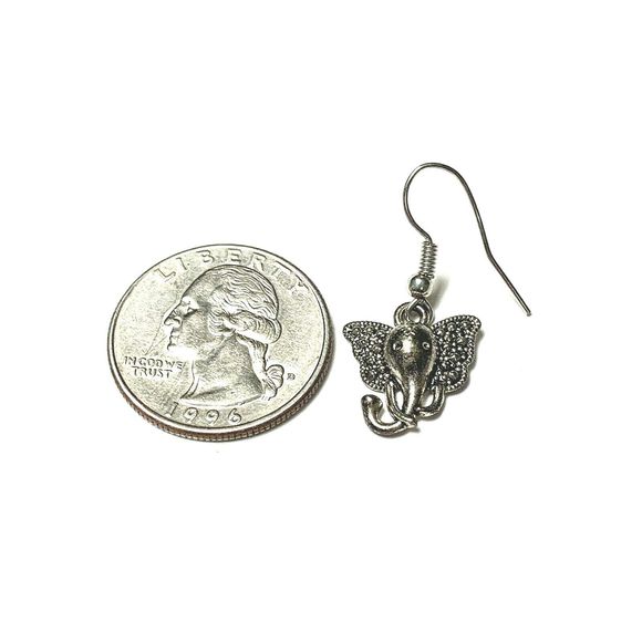 Elephant Head Earrings Silver Tone Big Ears Dangle Bali Style Good Luck Trunk Up - Picture 7 of 8